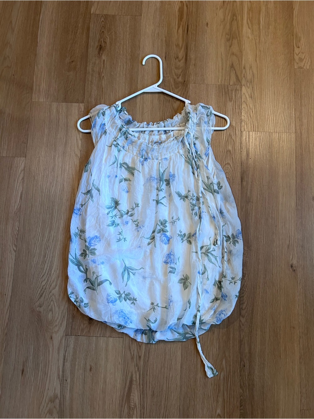 White Floral Bubble Blouse with Blue & Green Print